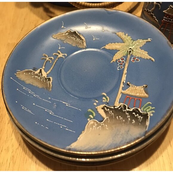 1920s Morimura Japan Moriage Tea Set Coffee Island Palm Trees Pagoda Gaudy Blue - Picture 8 of 16